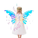 Rear view of iridescent electric butterfly wings with lights and music graphics