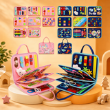 Blue and pink busy board activity books with their activity pages