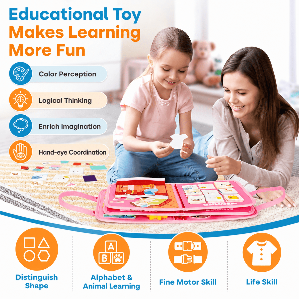 Parent and child exploring the pink busy board activity book together
