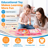 Parent and child exploring the pink busy board activity book together