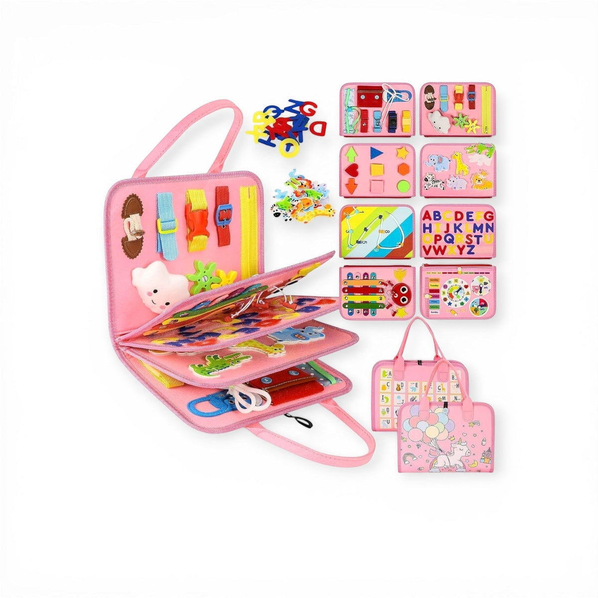 Pink MontessoriDays busy board activity book with its activity pages and carrying handles