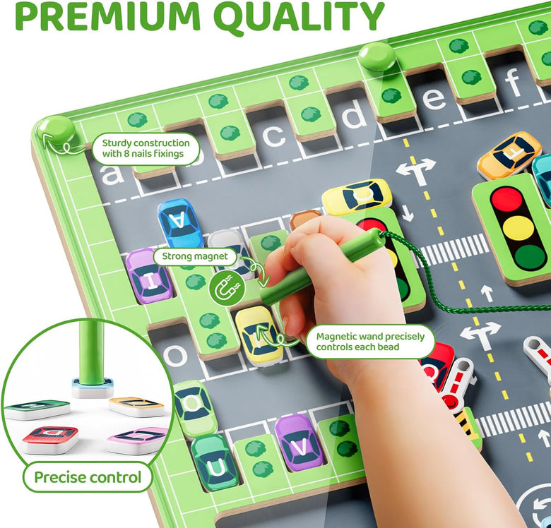 Tablero de laberinto de vehículos del alfabeto Montessoridays™ — detalles del juego y del producto