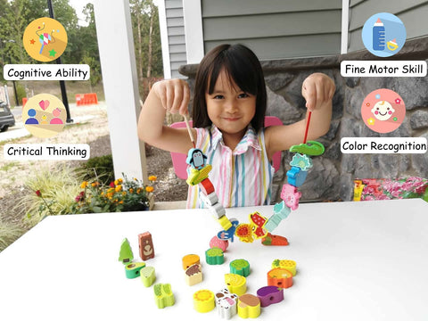 Montessoridays™ Wooden Stringing Animals, Fruits & Vegetables — play and product details
