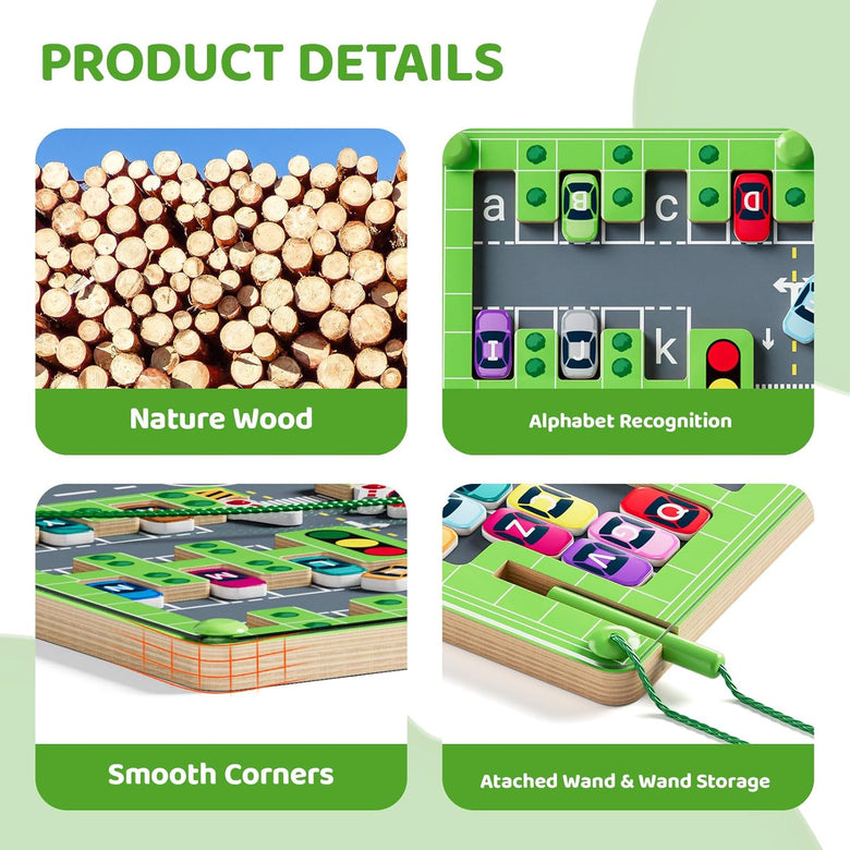 Tablero de laberinto de vehículos del alfabeto Montessoridays™ — detalles del juego y del producto