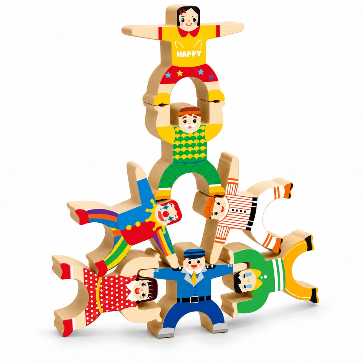 Wooden strongman figures stacked on a white background